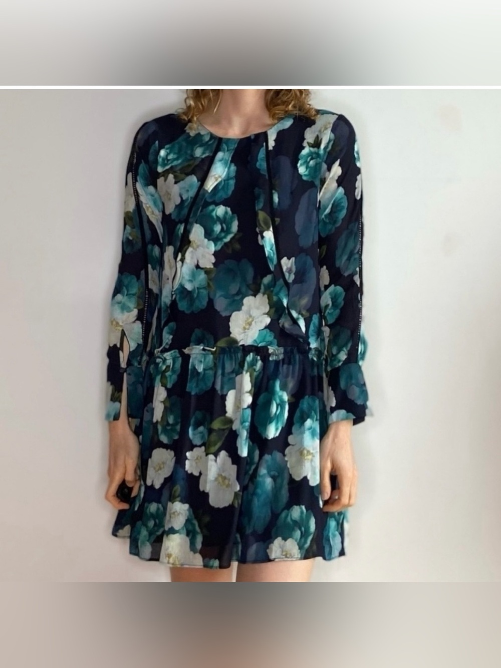 Adelyn Rae Tiered Floral Mini Dress with Teal & White Blooms